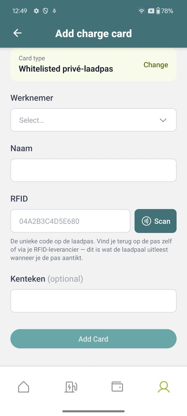 The form with employee, name, RFID with the Scan button and licence plate