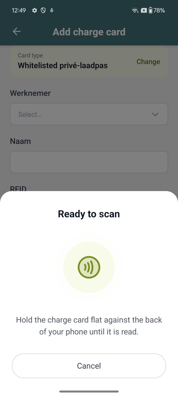 The Ready to scan screen while the app waits for the card