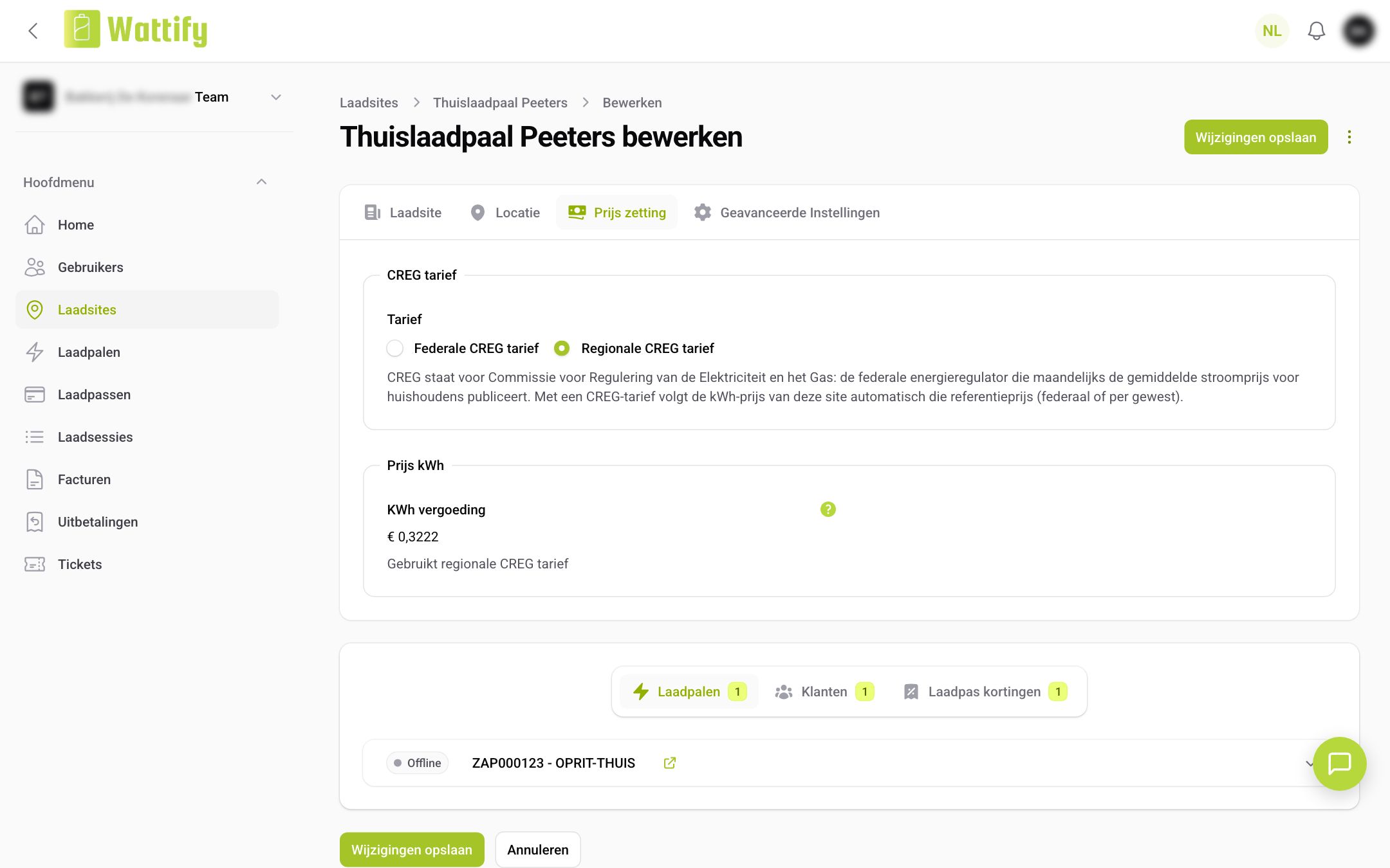 Het tabblad Prijs zetting van de laadsite: de keuze Federale of Regionale CREG tarief en daaronder de kWh-vergoeding die eruit volgt