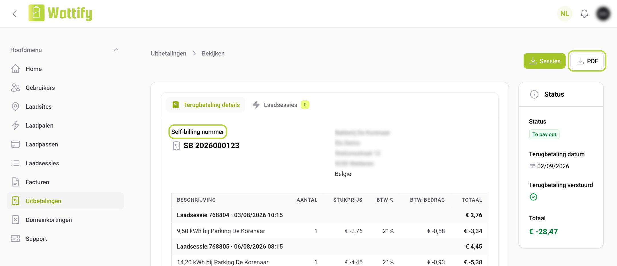 The detail page of a payout with the Self-billing number and the PDF button at the top right