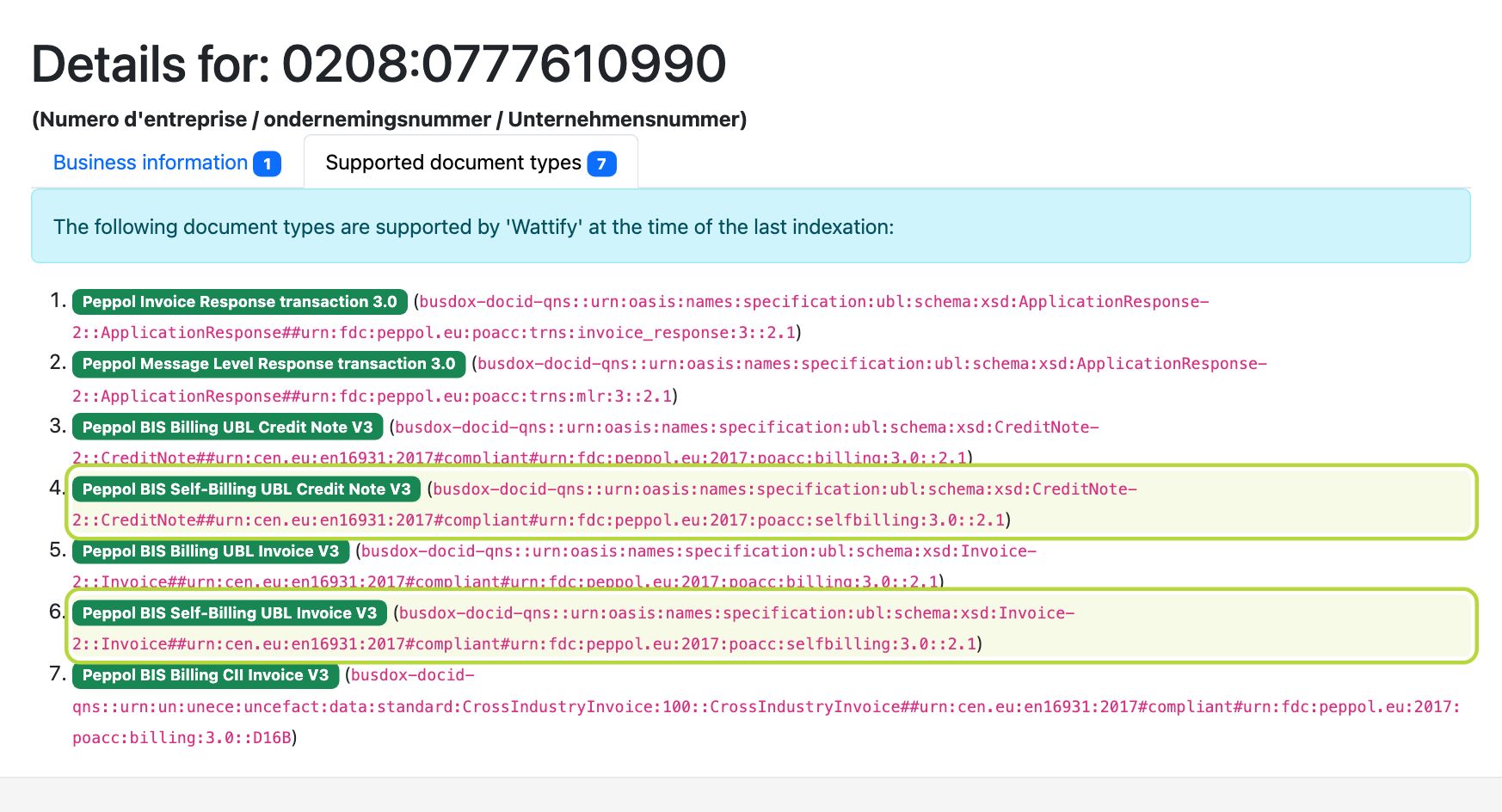 The Peppol Directory with the Supported document types tab, in which Peppol BIS Self-Billing UBL Credit Note V3 and Peppol BIS Self-Billing UBL Invoice V3 are highlighted