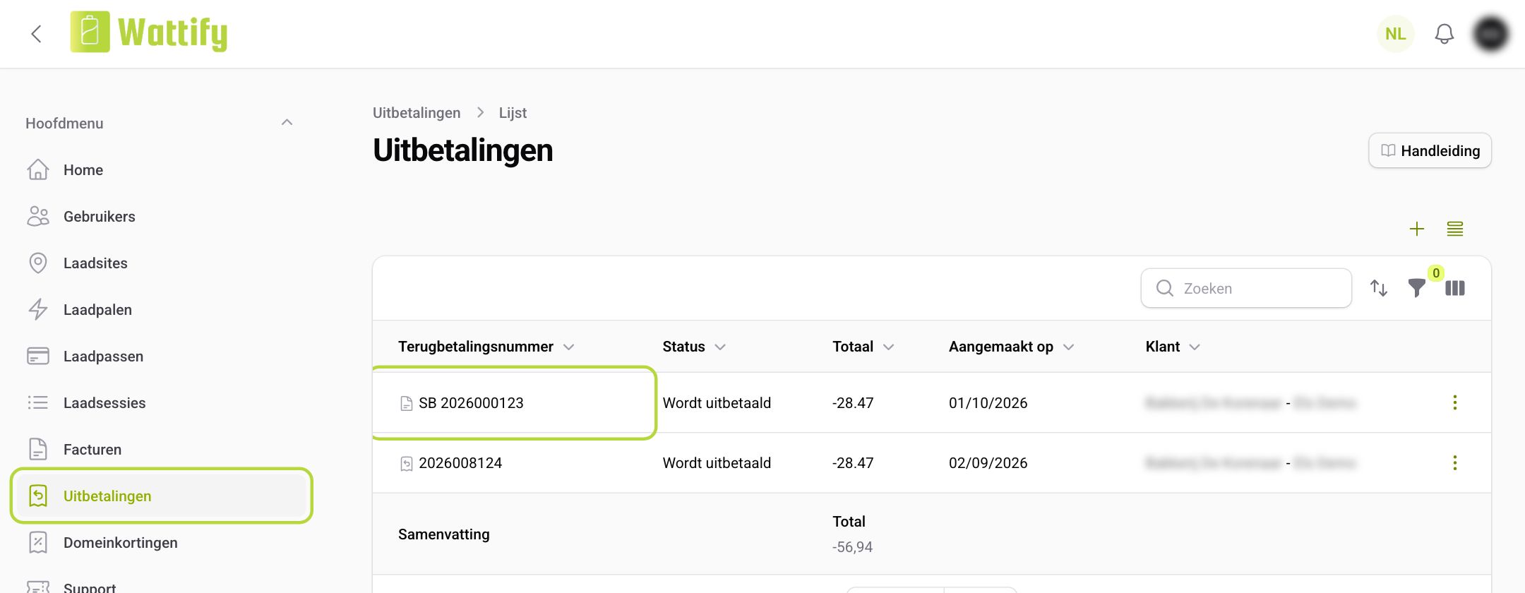 The Payouts screen with a self-billing invoice numbered SB 2026000123 at the top and an ordinary refund note below it