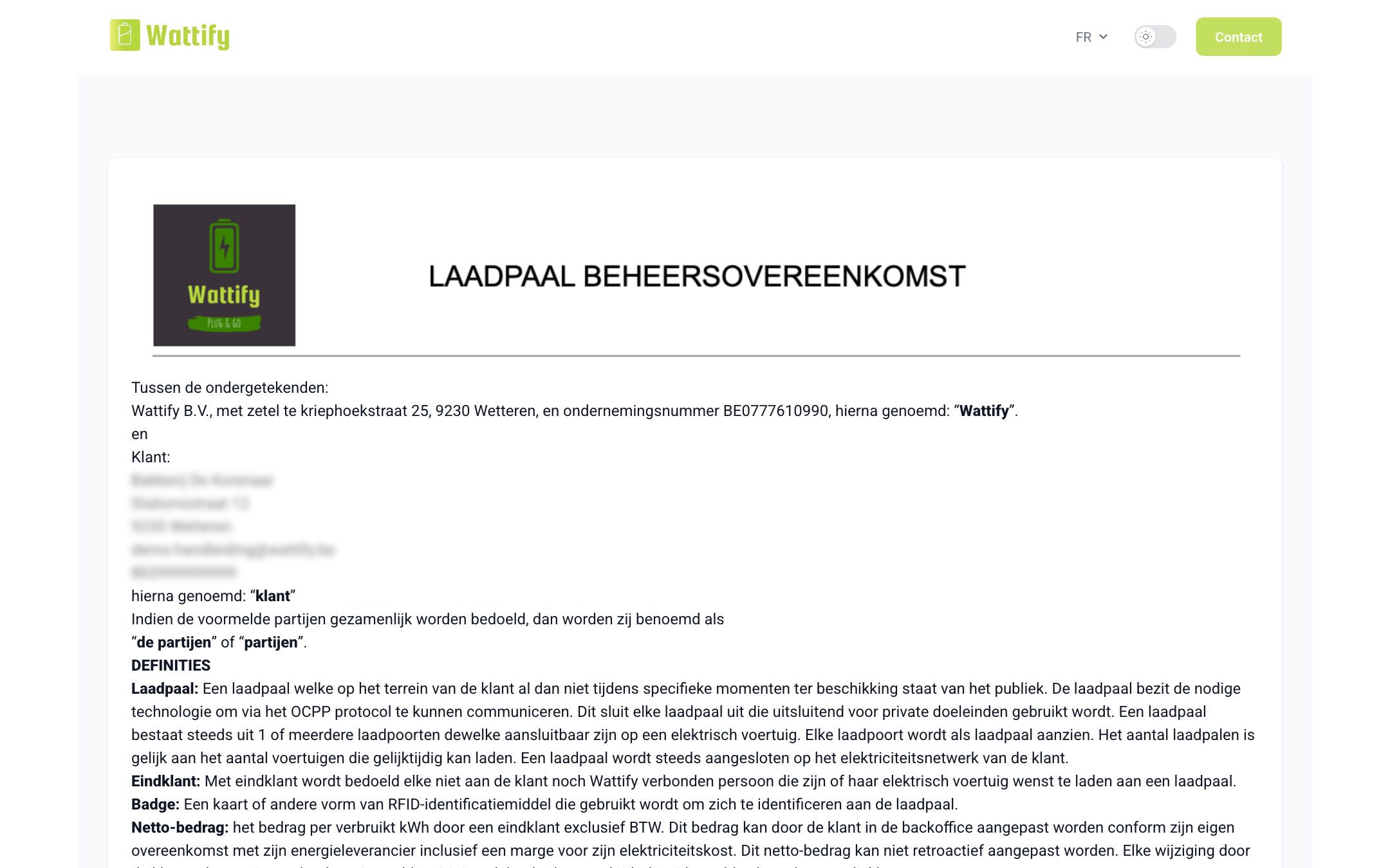 La page avec le contrat de gestion